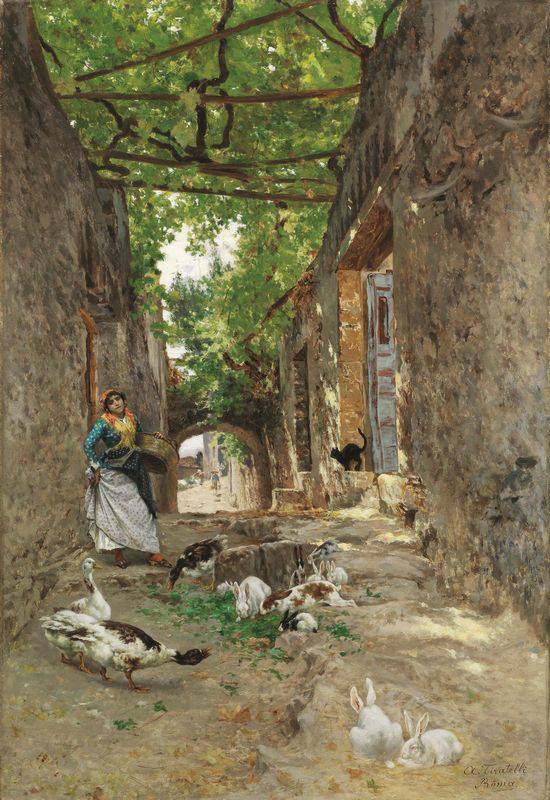 Geese and rabbits in the yard - Aurelio Tiratelli