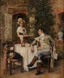 Gentleman Taking Tea in a Courtyard by Maurice Poirson — life oil painting wall art, Realism