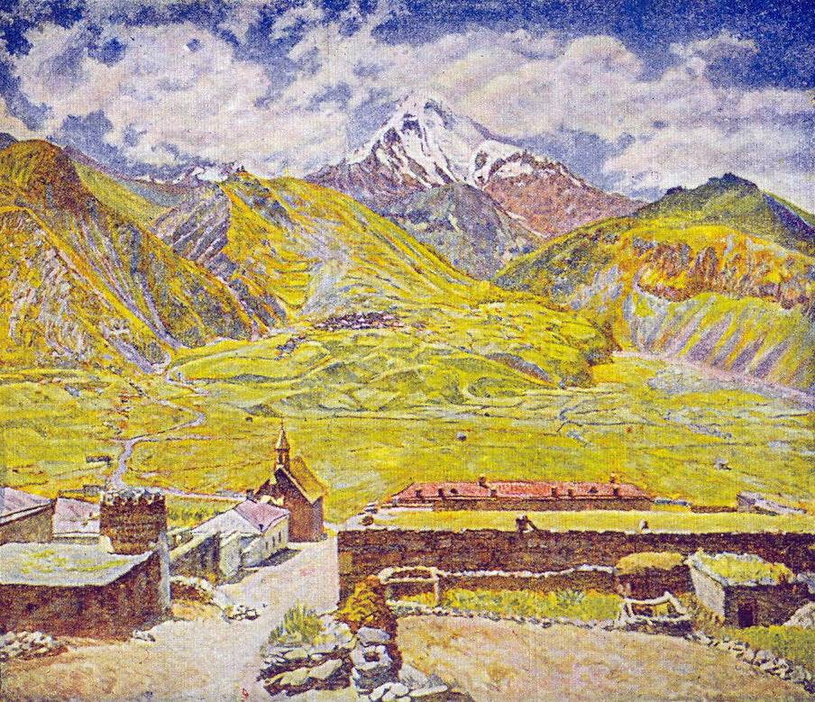 Georgia. Kazbek (day). Georgian Military Road. Mountain and village - Ilya Mashkov