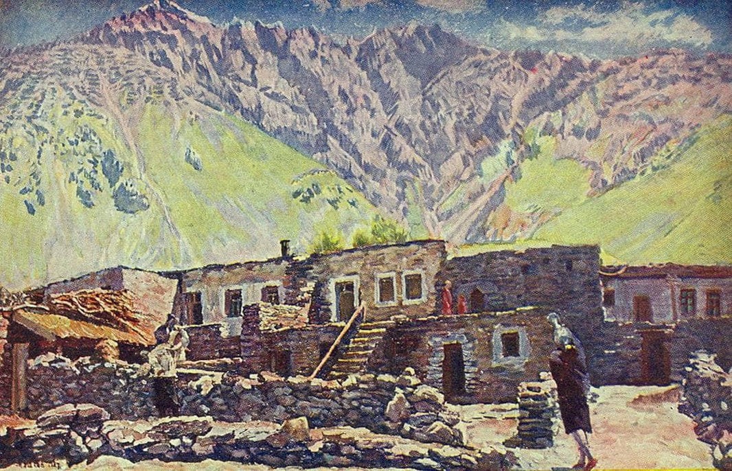Georgia. Kazbek. Shat-mountain and village by Ilya Mashkov — hand-painted architectural oil painting reproduction on canvas