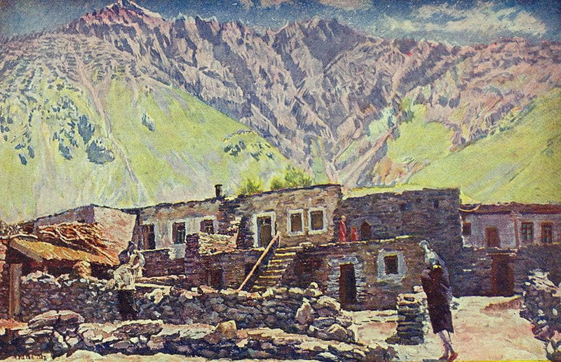 Georgia. Kazbek. Shat-mountain and village on gallery wrap