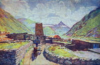 Georgia. Kazbek. View of the mountain Kabardzhino and village by Ilya Mashkov — hand-painted architectural oil painting reproduction on canvas