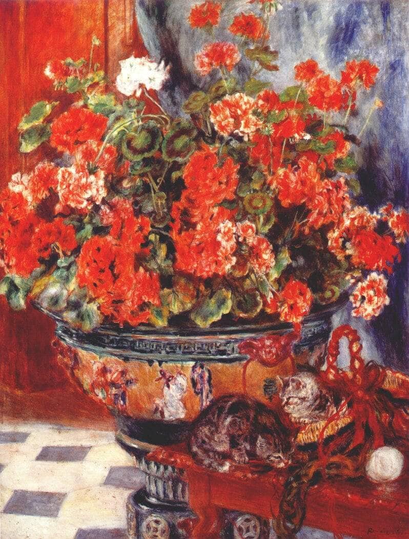 Geraniums and Cats by Pierre-Auguste Renoir — hand-painted botanical oil painting reproduction on canvas