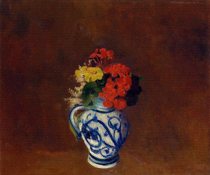 Geraniums and other Flowers in a Stoneware Vase by Odilon Redon — hand-painted botanical oil painting reproduction on canvas
