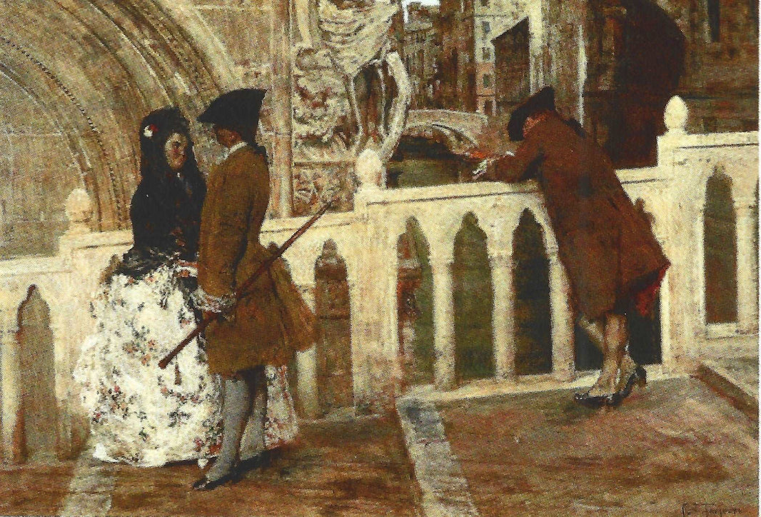 A meeting on the bridge by Giacomo Favretto — hand-painted architectural oil painting reproduction on canvas