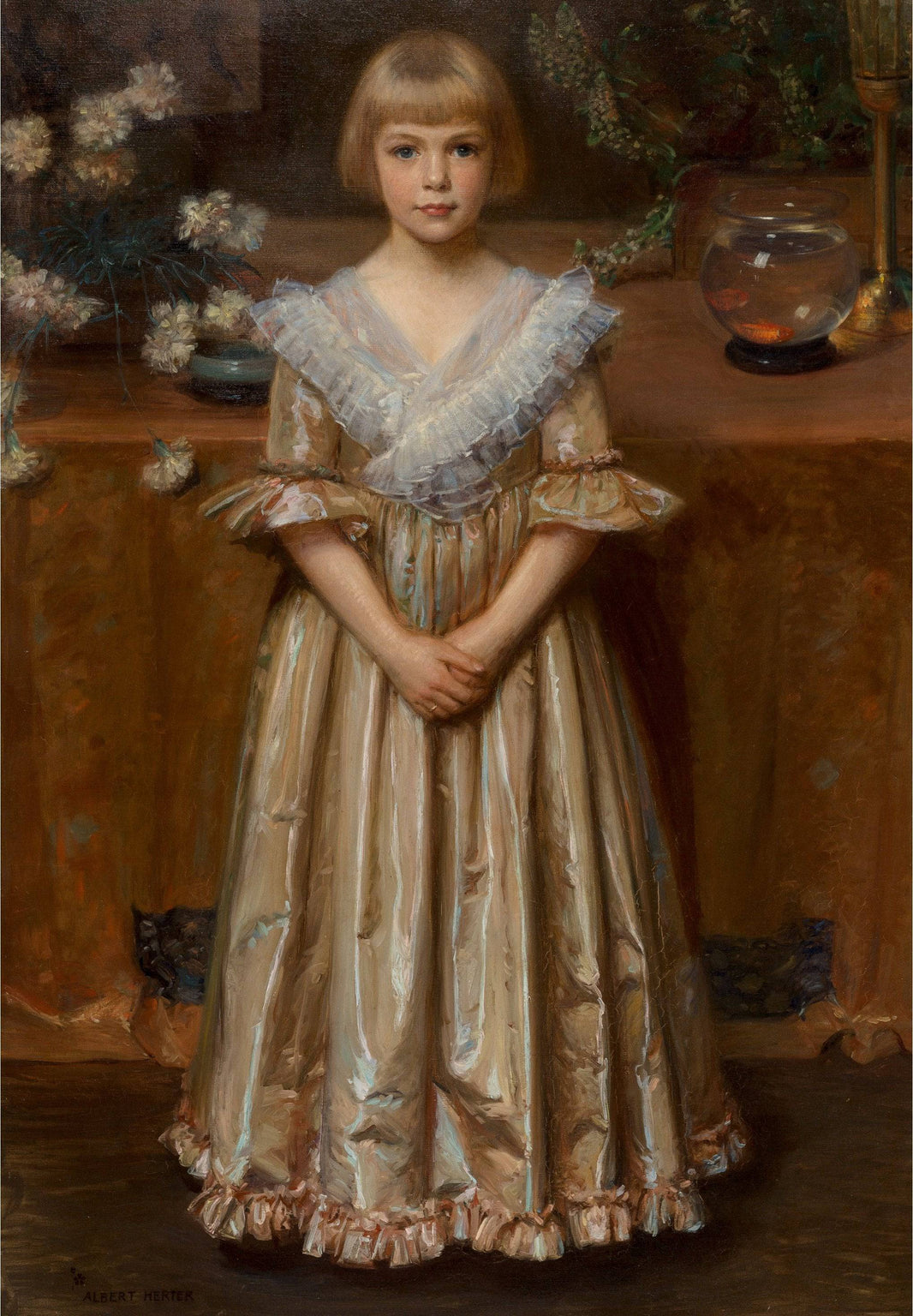 Girl and Goldfish Bowl by Albert Herter — hand-painted portrait oil painting reproduction on canvas