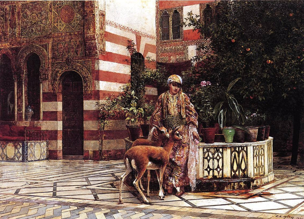 Girl in a Moorish Courtyard by Edwin Lord Weeks — hand-painted architectural oil painting reproduction on canvas