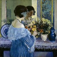 Girl in Blue Arranging Flowers by Frederick Carl Frieseke — hand-painted botanical oil painting reproduction on canvas