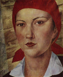 Girl in red scarf (worker) by Kuzma Petrov-Vodkin — female oil painting wall art, Symbolism