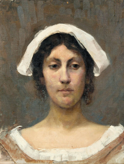 Girl in white bonnet in apartment