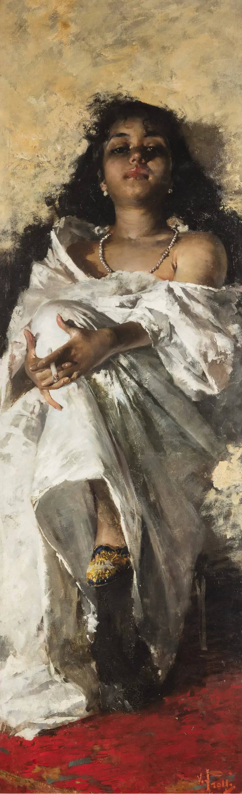 Girl in white smoking by Vincenzo Irolli, hand-painted portrait oil painting reproduction on canvas