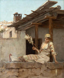 Girl sitting on a stone wall, spinning wool by Théodore Ralli — hand-painted architectural oil painting reproduction on canvas