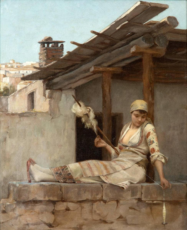 Girl sitting on a stone wall, spinning wool by Théodore Ralli — hand-painted architectural oil painting reproduction on canvas