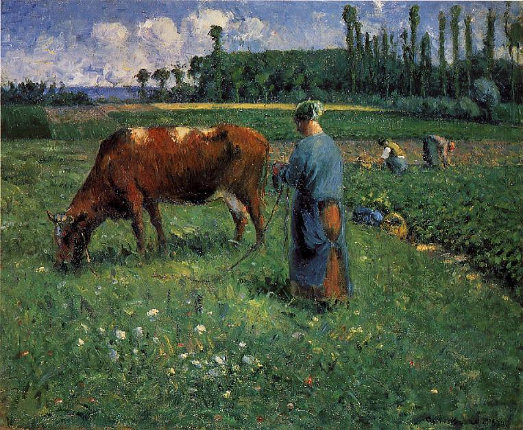 Girl Tending a Cow in Pasture - Camille Pissarro