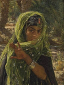 Girl veiling herself by Nasreddine Dinet — female oil painting wall art, Orientalism
