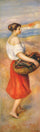 Girl with a basket of fish in living room
