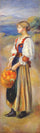 Girl with a basket of oranges in modern living room