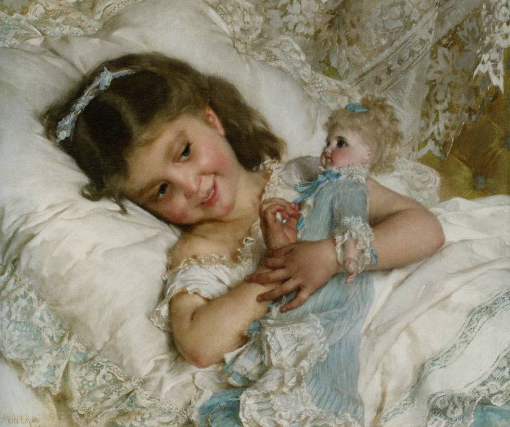 Girl with a doll by Émile Munier, hand-painted portrait oil painting reproduction on canvas