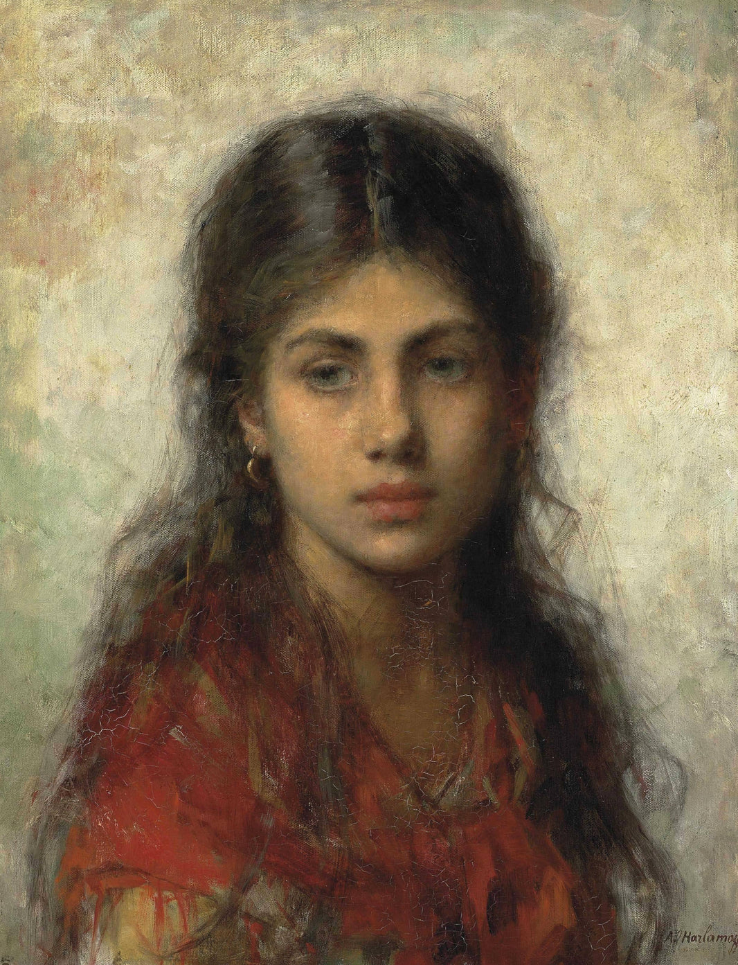 Girl with a red shawl by Alexei Harlamoff — hand-painted portrait oil painting reproduction on canvas