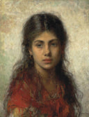 Girl with a red shawl by Alexei Harlamoff — female oil painting wall art, Realism