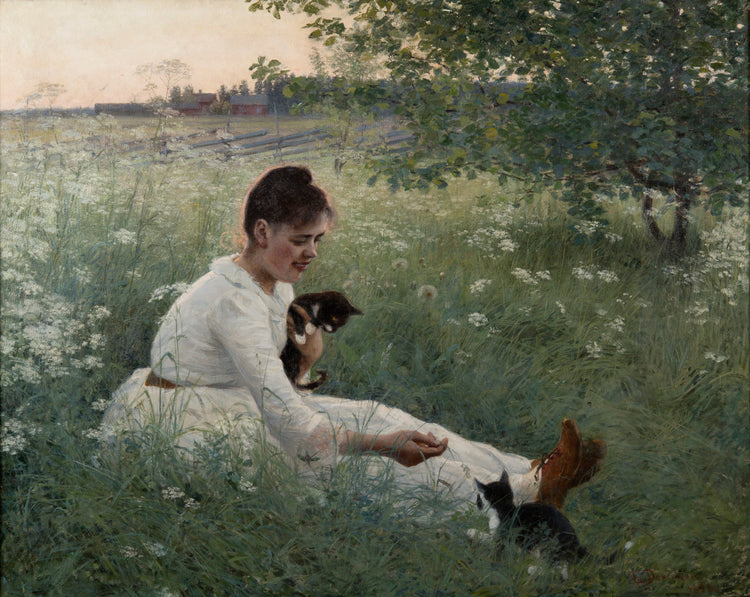 Girl with Cats in a Summer Landscape - Elin Danielson-Gambogi