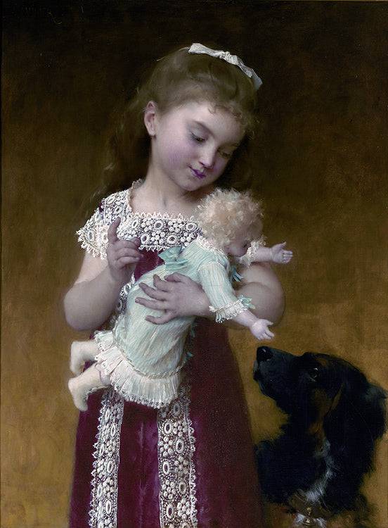 Girl with doll and dog by Émile Munier — hand-painted animal oil painting reproduction on canvas