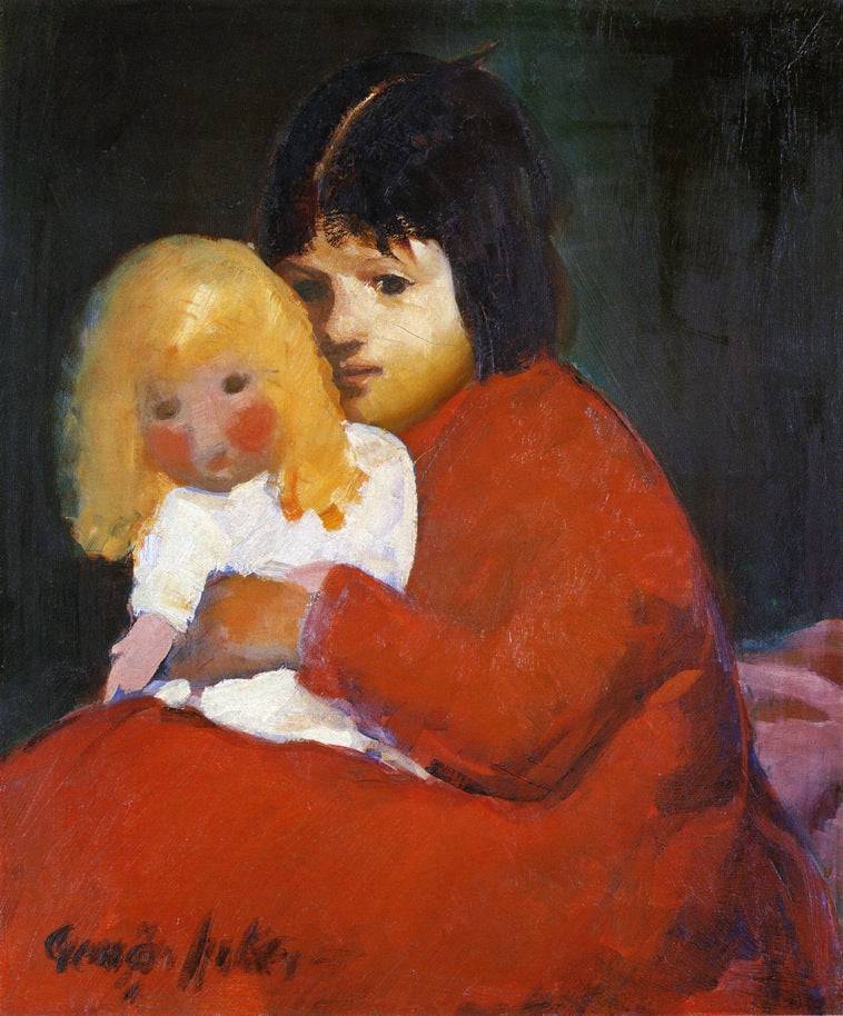 Girl with Doll by George Luks, hand-painted portrait oil painting reproduction on canvas