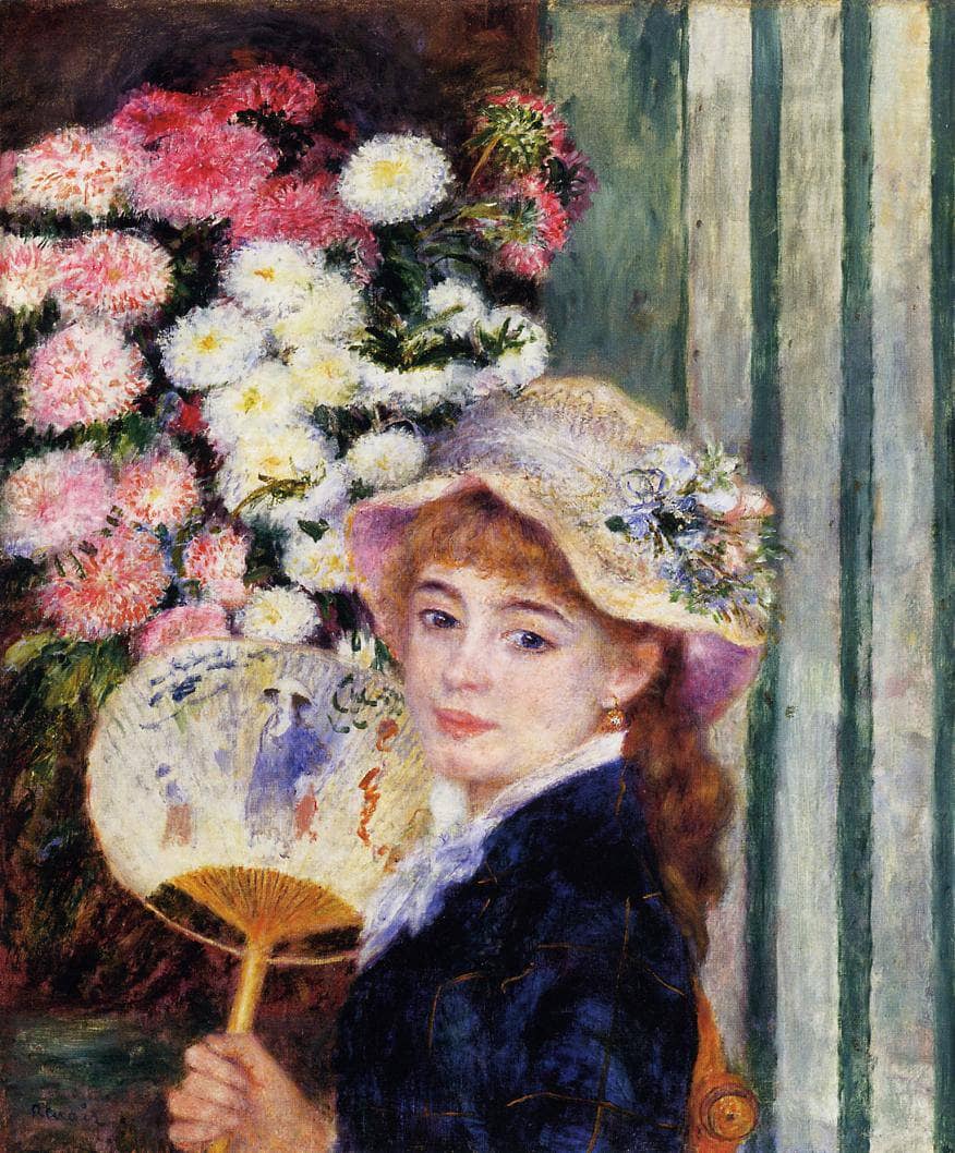 Girl with Fan by Pierre-Auguste Renoir — hand-painted botanical oil painting reproduction on canvas