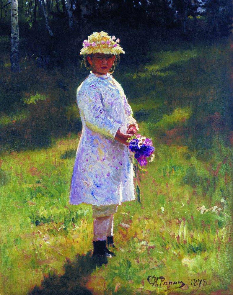 Girl with Flowers. Daughter of the Artist. by Ilya Repin, hand-painted botanical oil painting reproduction on canvas