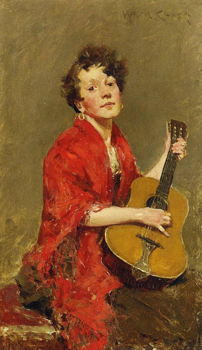 Girl with Guitar by William Merritt Chase — hand-painted portrait oil painting reproduction on canvas