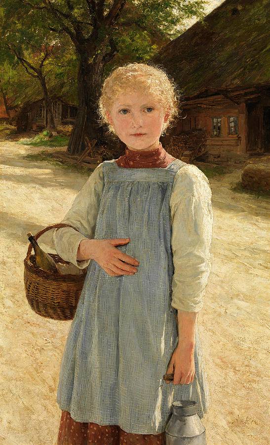 Girl with milk jug and basket by Albrecht Anker — hand-painted portrait oil painting reproduction on canvas