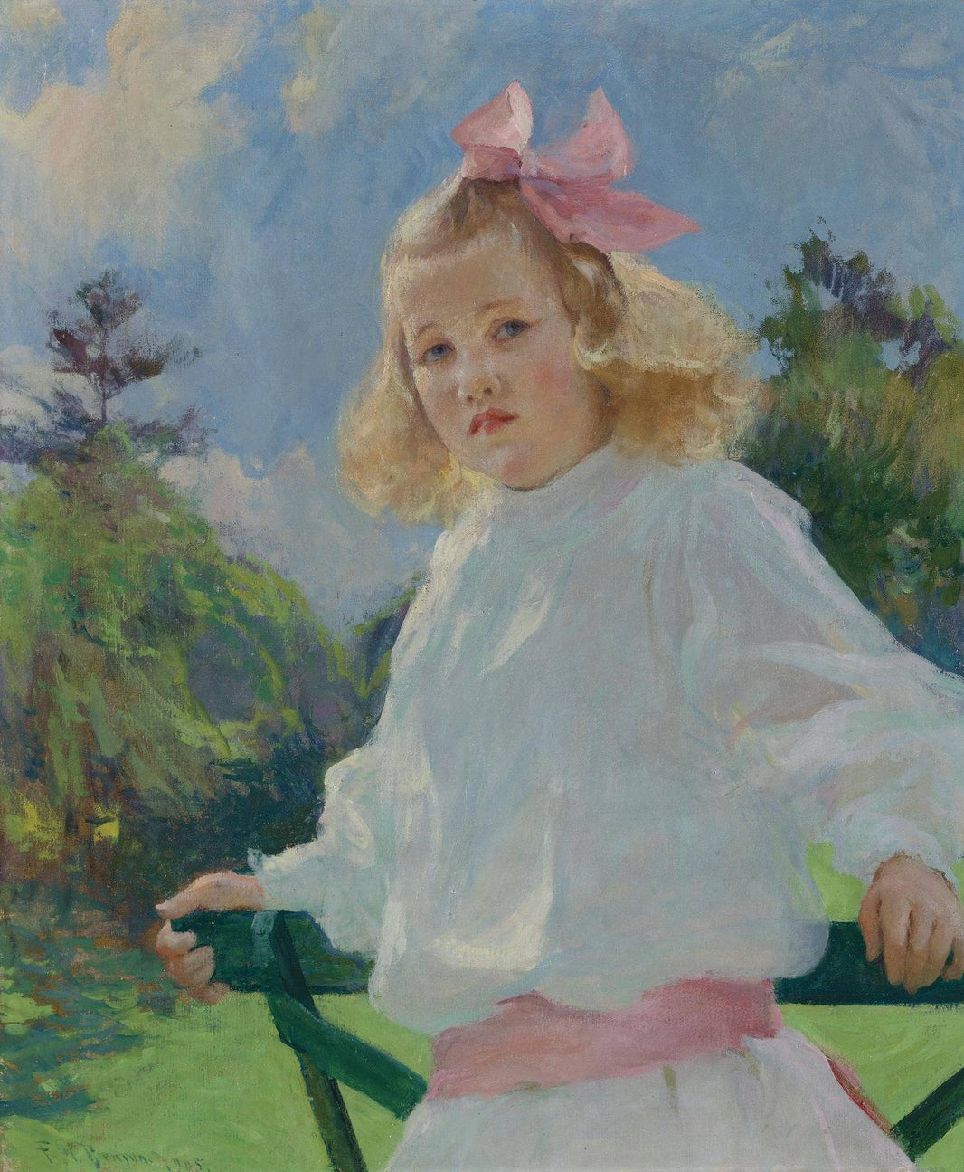 Girl with Pink Bow by Frank W. Benson, hand-painted portrait oil painting reproduction on canvas