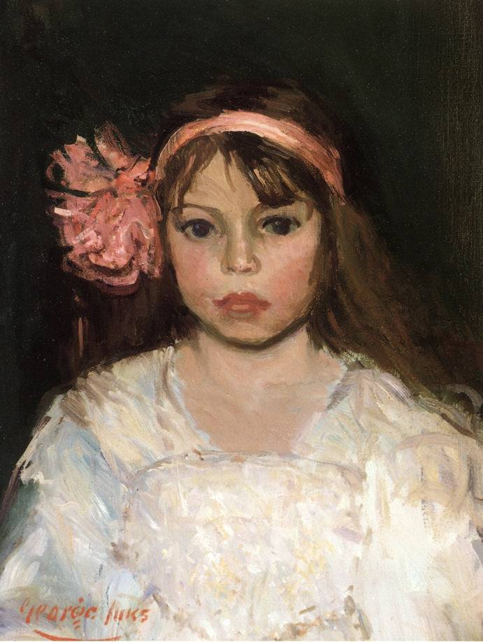 Girl with Pink Ribbon by George Luks, hand-painted portrait oil painting reproduction on canvas