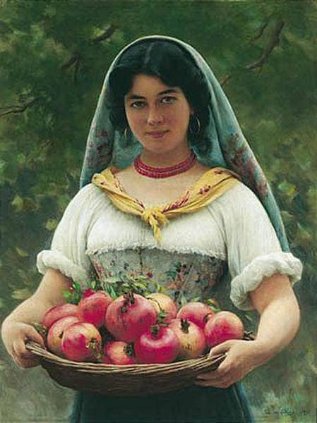 Girl with Pomegranates by Eugene de Blaas — hand-painted botanical oil painting reproduction on canvas