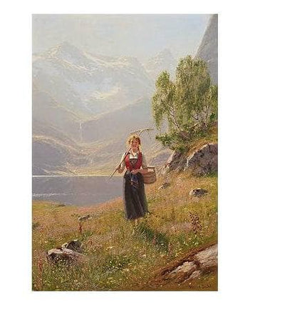 Girl with rake in fjord landscape by Hans Dahl — oil painting reproduction