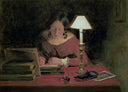 Girl writing by lamplight by William Henry Hunt — female oil painting wall art, Naturalism