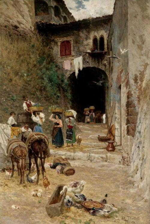 Girls delivering Grapes to a Village by Aurelio Tiratelli — hand-painted architectural oil painting reproduction on canvas