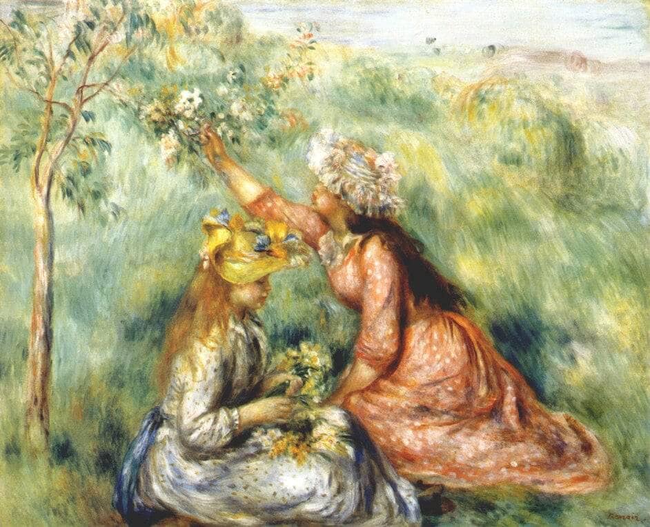 Girls picking flowers in a meadow by Pierre-Auguste Renoir — hand-painted botanical oil painting reproduction on canvas