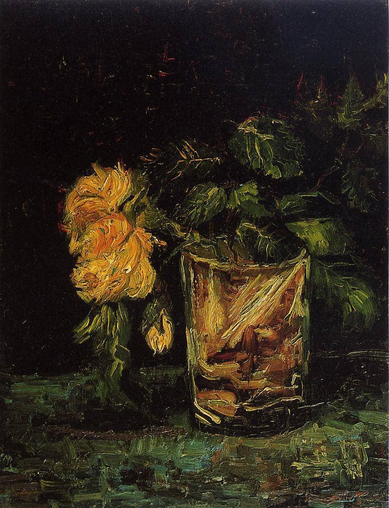 Glass with Roses by Vincent van Gogh — hand-painted botanical oil painting reproduction on canvas
