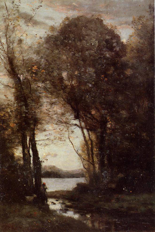 Goatherd Standing, Playing the Flute under the Trees - Camille Corot