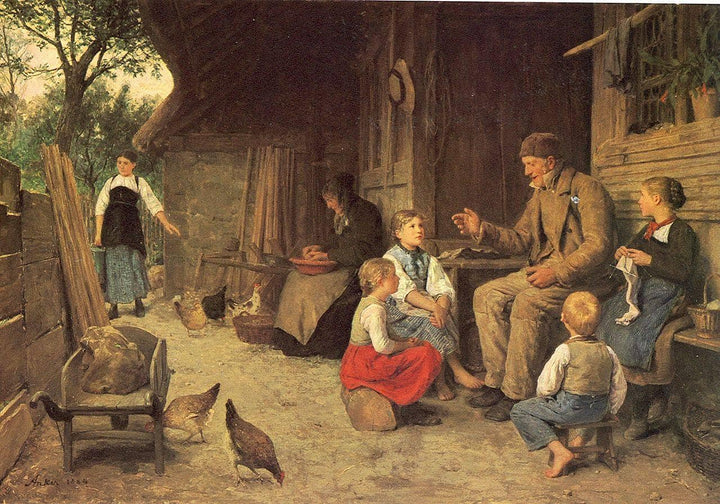 Grandfather Telling a Story by Albrecht Anker — hand-painted portrait oil painting reproduction on canvas