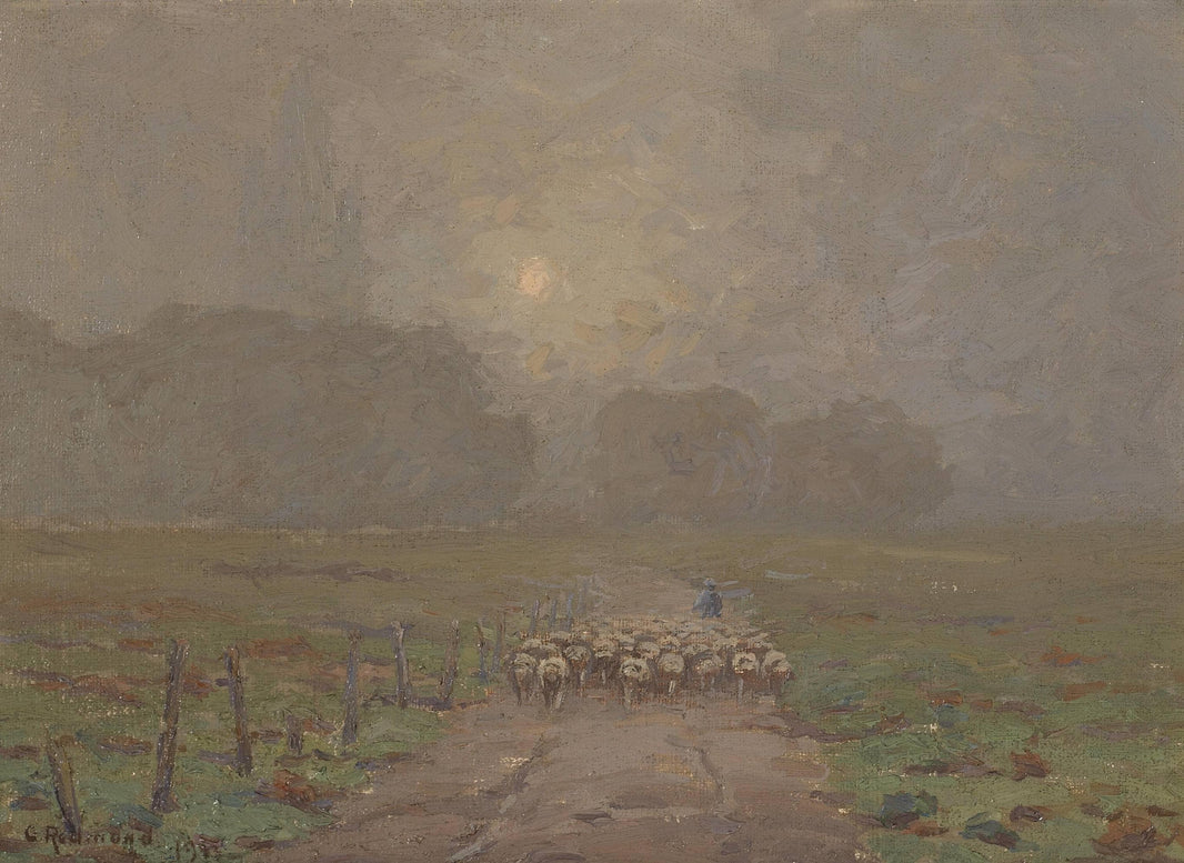 Shepherd Herding Sheep in a Misty Landscape by Granville Redmond — hand-painted landscape oil painting reproduction on canvas