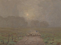 Shepherd Herding Sheep in a Misty Landscape by Granville Redmond — hand-painted landscape oil painting reproduction on canvas