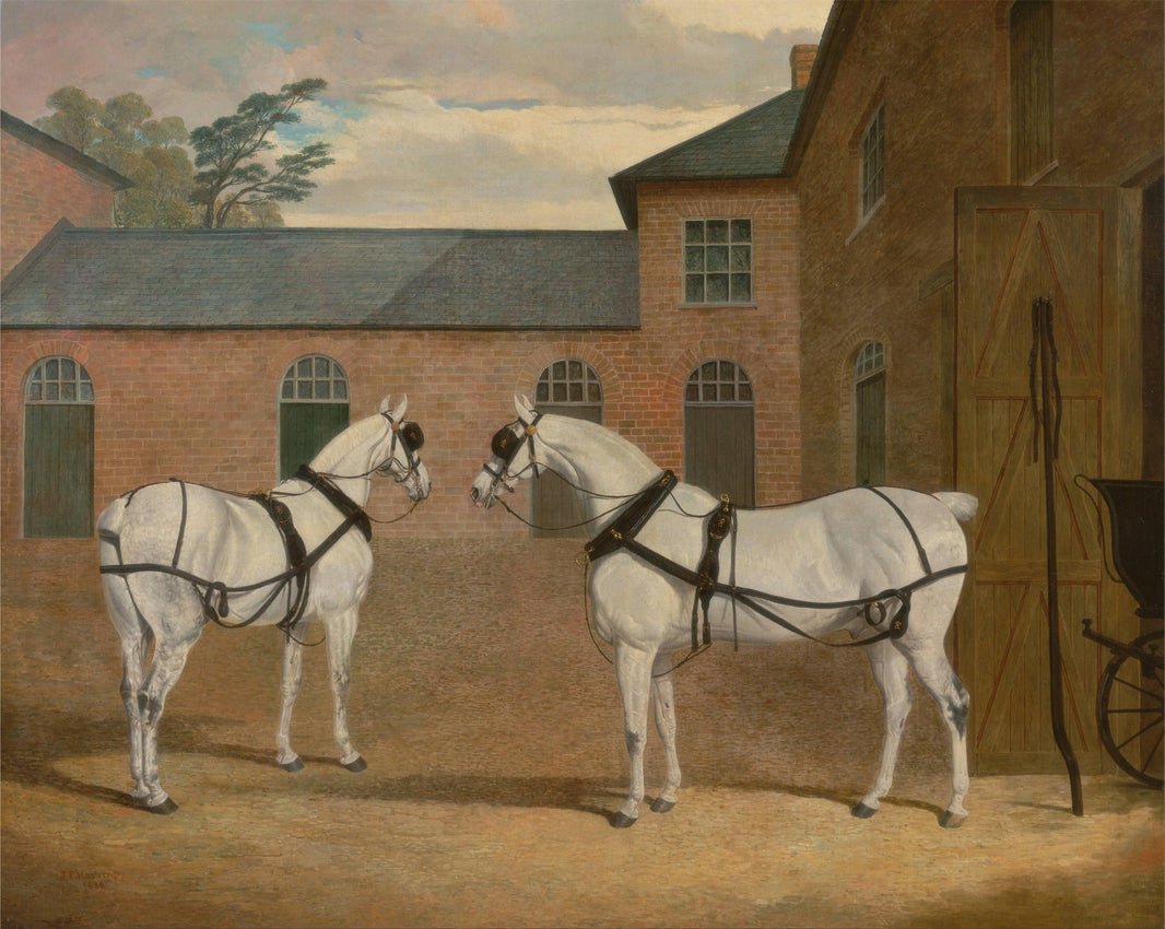 Grey carriage horses in the coachyard at Putteridge Bury, Hertfordshire by John Frederick Herring Sr. — hand-painted architectural oil painting reproduction on canvas