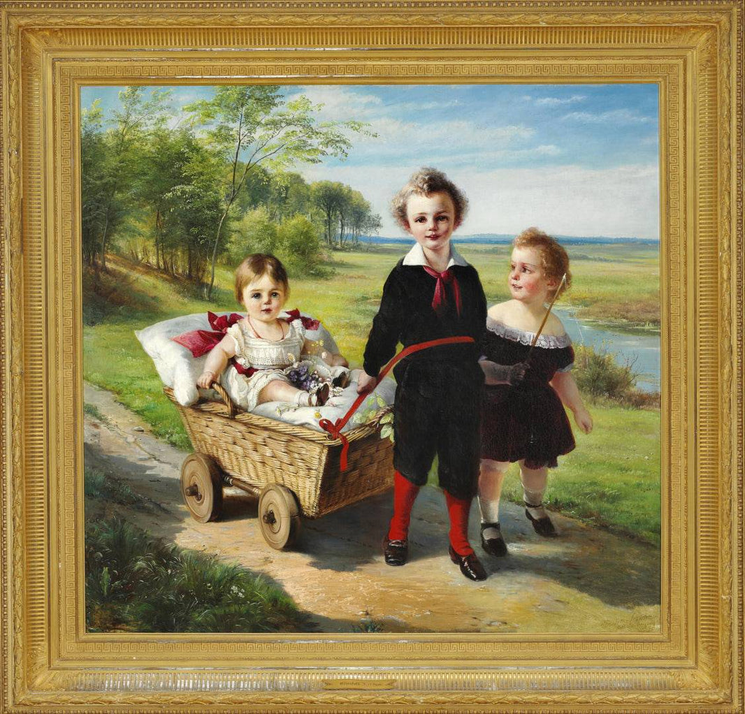 Group portrait of the Treschow family's three children Frederik, Harry and Katie by Elisabeth Jerichau-Baumann, hand-painted portrait oil painting reproduction on canvas