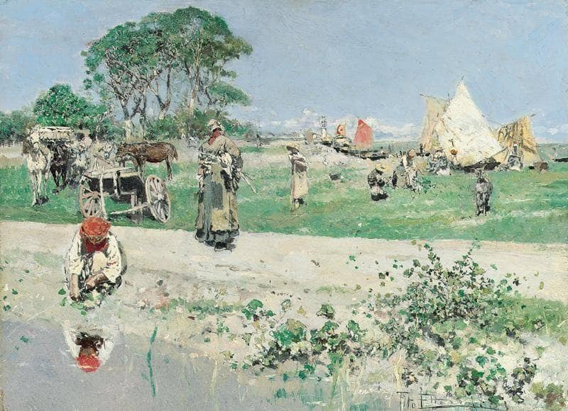 Gypsy by the sea by Ettore Tito — hand-painted landscape oil painting reproduction on canvas