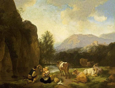 Family with Their Herd Resting Near a Stream