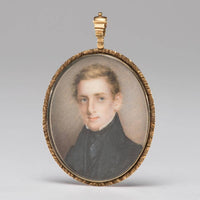A portrait miniature of a young man on ivory, housed in a gold case with a lock of hair to verso