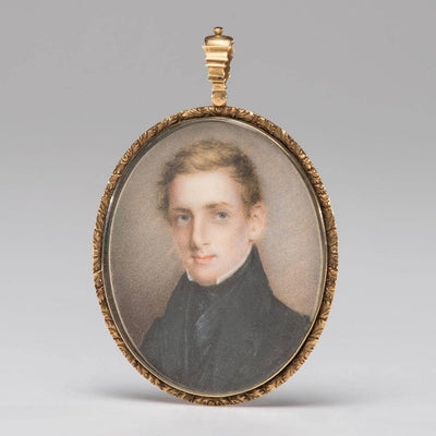 A portrait miniature of a young man on ivory, housed in a gold case with a lock of hair to verso in apartment