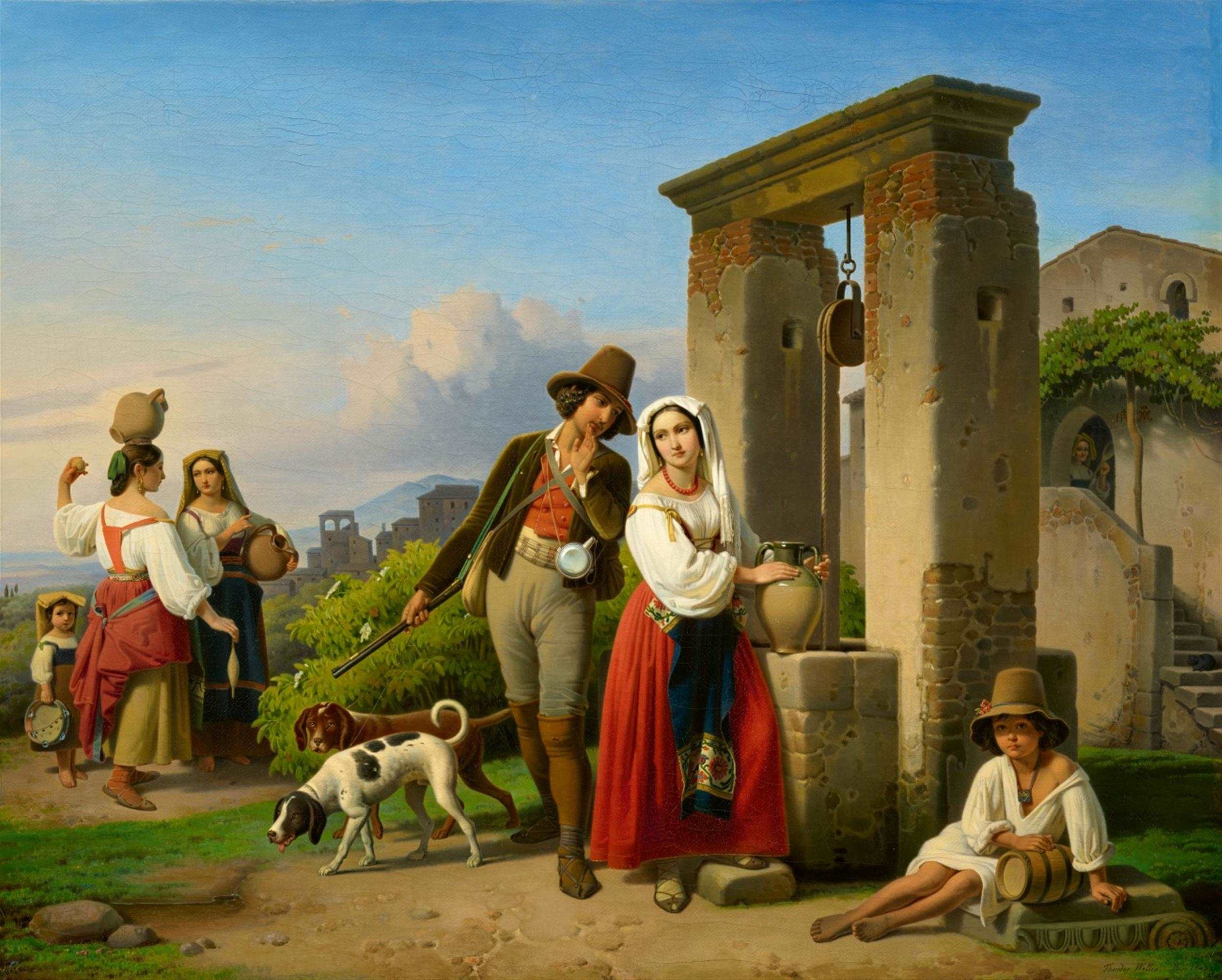 A Hunter and a Young Woman at a Well in Sora - Theodor Leopold Weller